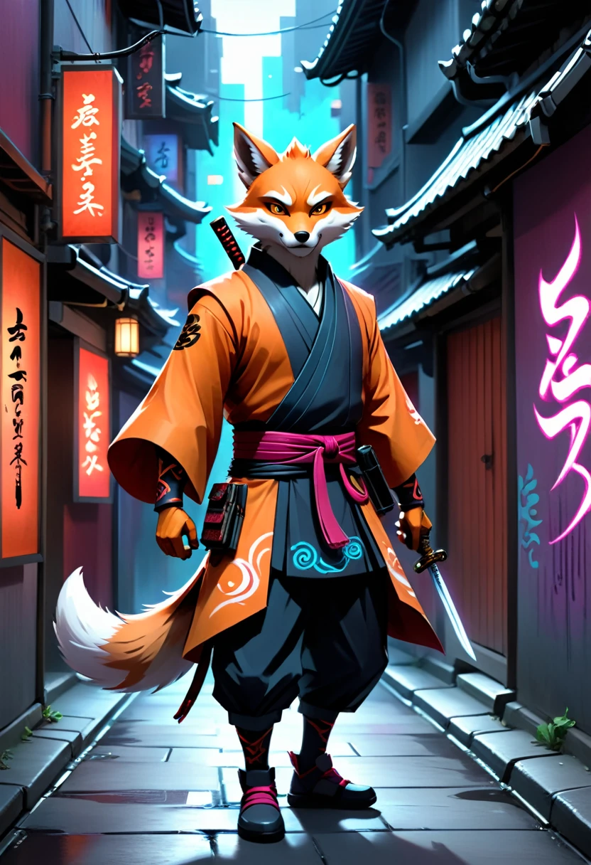 Hyper-realistic digital painting of a street samurai kitsune (fox spirit) in an urban setting. The kitsune has multiple tails that glow with a mystical light and is dressed in a modern samurai outfit with urban accessories. They wield a katana with runic engravings, standing in a narrow alleyway with graffiti-covered walls and neon signs. The kitsune's eyes are sharp and intelligent, exuding an aura of ancient wisdom and modern edge. Cinematic composition, trending on ArtStation.