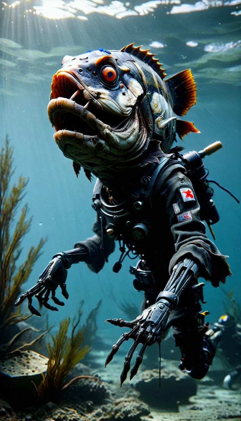 Black Bass Robot、masterpiece, Highest quality, Expressive eyes, Absurd, Underwater swimming, spore fish, Rim lighting made from RAL-ZMBYZ 