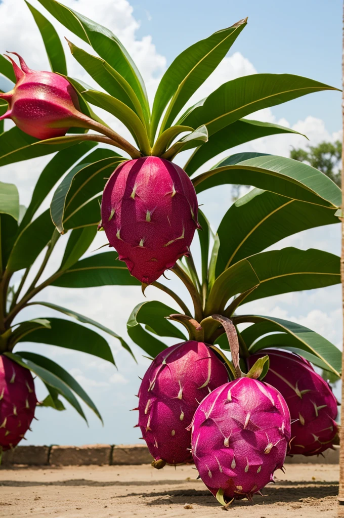 Create a drawing of growing dragon fruit plants and the fruit that is heart-shaped