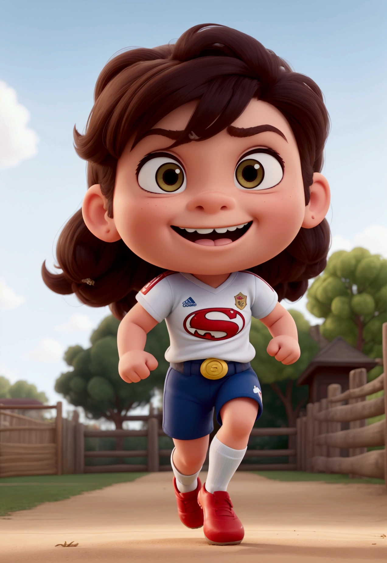 "Create a fun image of a very strong, straight-faced child kicking a football in Disney Pixar style. The  must have a very strong and muscular leg, like a superhero, while the rest of the body appears normal. The soccer ball must be flying at a high speed after being kicked, and there must be a fence behind her that is bursting due to the force of the kick. The expression on the child&#39;s face should be one of surprise and excitement."

