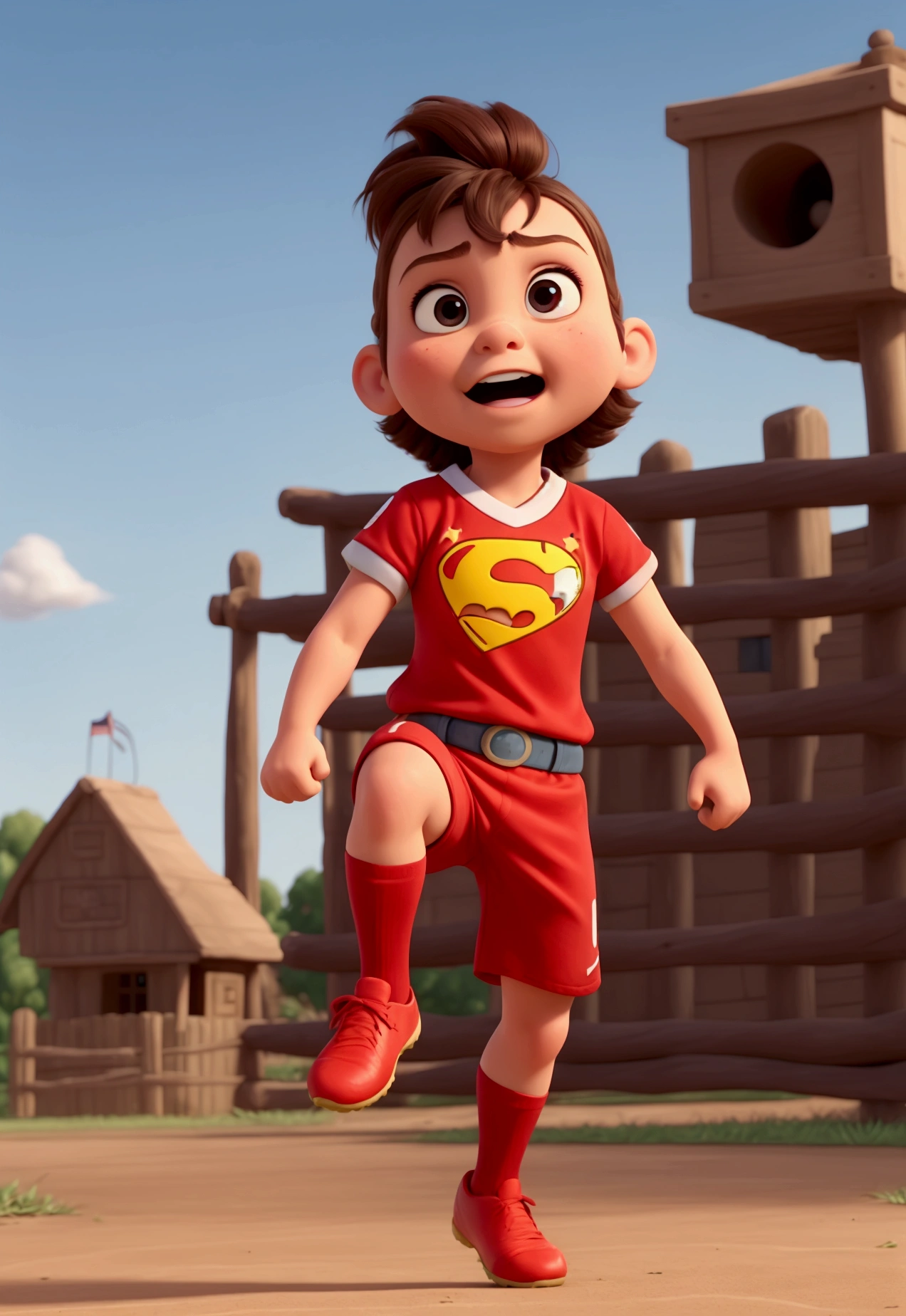 "Create a fun image of a very strong, straight-faced child kicking a football in Disney Pixar style. The  must have a very strong and muscular leg, like a superhero, while the rest of the body appears normal. The soccer ball must be flying at a high speed after being kicked, and there must be a fence behind her that is bursting due to the force of the kick. The expression on the child&#39;s face should be one of surprise and excitement."

