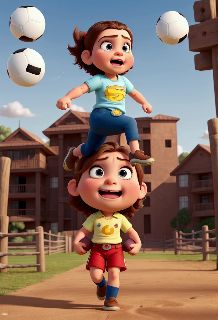 "Create a fun image of a very strong, straight-faced child kicking a football in Disney Pixar style. The must have a very strong and muscular leg, like a superhero, while the rest of the body appears normal. The soccer ball must be flying at a high speed after being kicked, and there must be a fence behind her that is bursting due to the force of the kick. The expression on the child's face should be one of surprise and excitement."