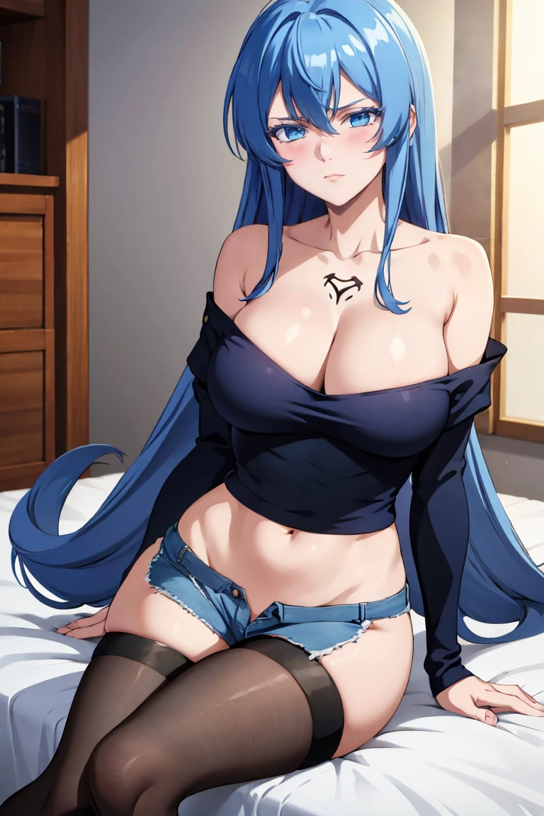 (artwork, best quality) a girl with long blue messy hair, blue eyes, blue eyelashes, blue denim mini shorts, long black tights, off the shoulder top, sitting, tattoo, big , perfect body, 4k hd, upset, blushing, in a room