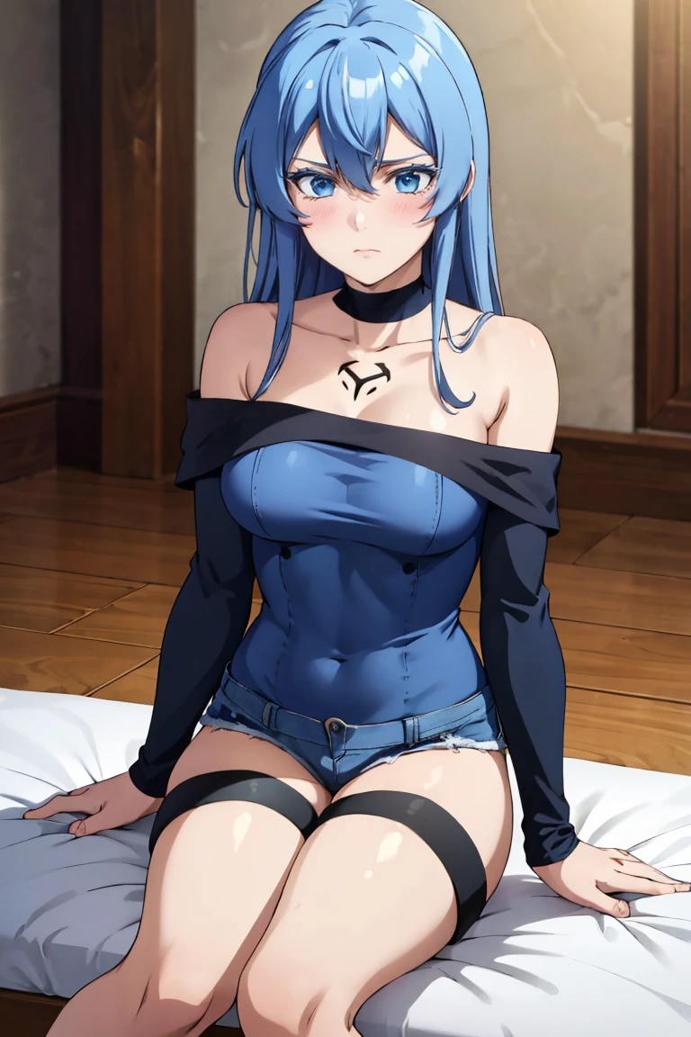 (artwork, best quality) a girl with long blue messy hair, blue eyes, blue eyelashes, blue denim mini shorts, long black tights, off the shoulder top, sitting, tattoo, big , perfect body, 4k hd, upset, blushing, in a room