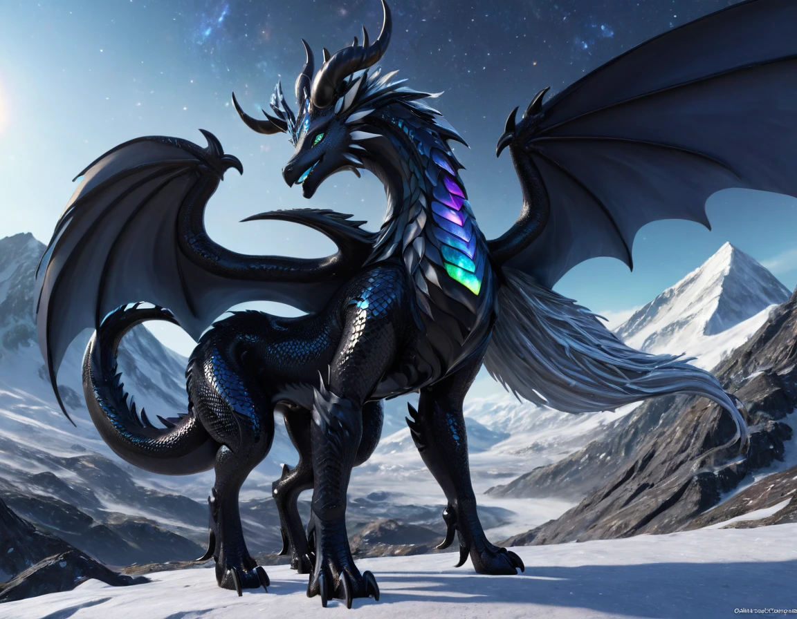 full body portrait of a realistic female obsidian dragon, opal scales, white opal eyes, universe in the scales, huge, long body, wings, many horns, horns, antlers, twisting horns, curled horns, wolf shaped head, opalescent scales, white eyes, mysterious mountain scenery, full body, cinematic, render, 8k, unreal engine, realistic, masterpiece, high detail, full body, low life, extremely intricate, extreme detail, volumetric lighting