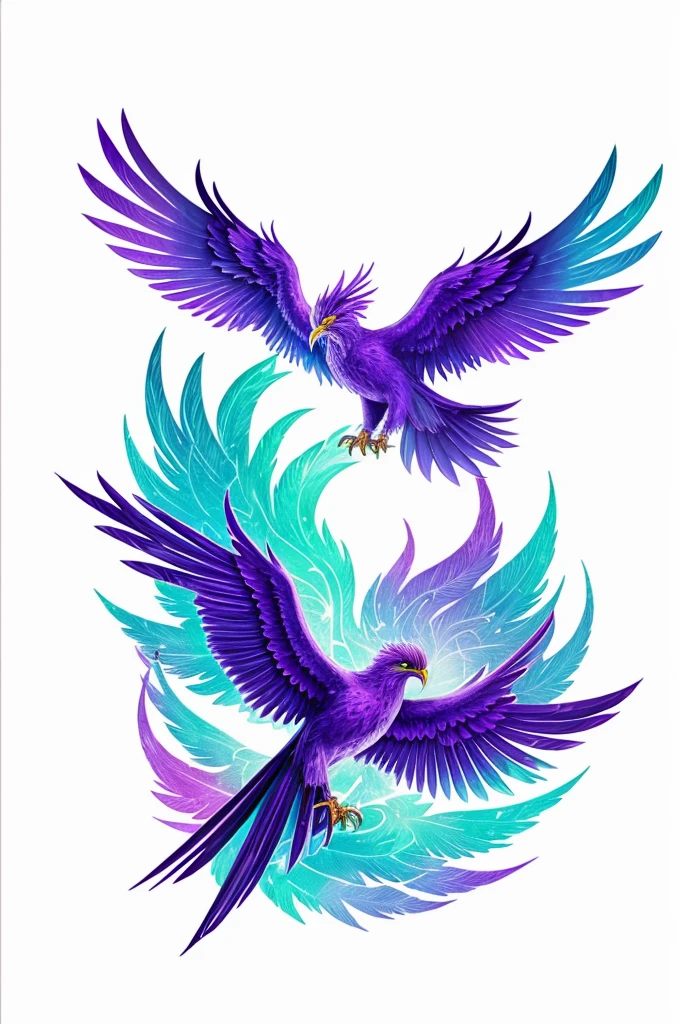 A purple phoenix, Lila, violet, light blue and green with shiny effects on a white background