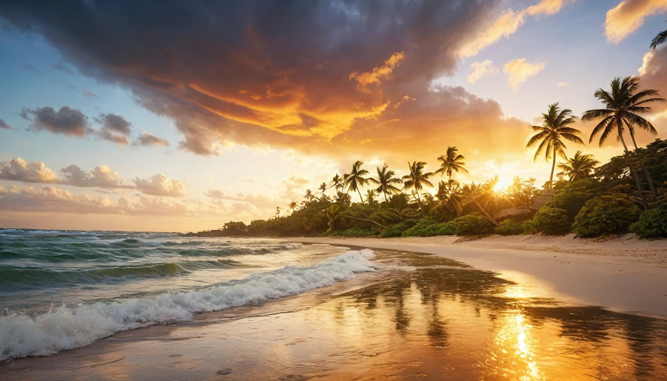 a beautiful serene deserted beach, stunning vibrant sunset, golden hour, dramatic clouds, crashing waves, wet sand, palm trees, tropical foliage, (best quality,4k,8k,highres,masterpiece:1.2),ultra-detailed,(realistic,photorealistic,photo-realistic:1.37),dramatic lighting,cinematic composition,warm color palette,glowing sun rays,tranquil atmosphere