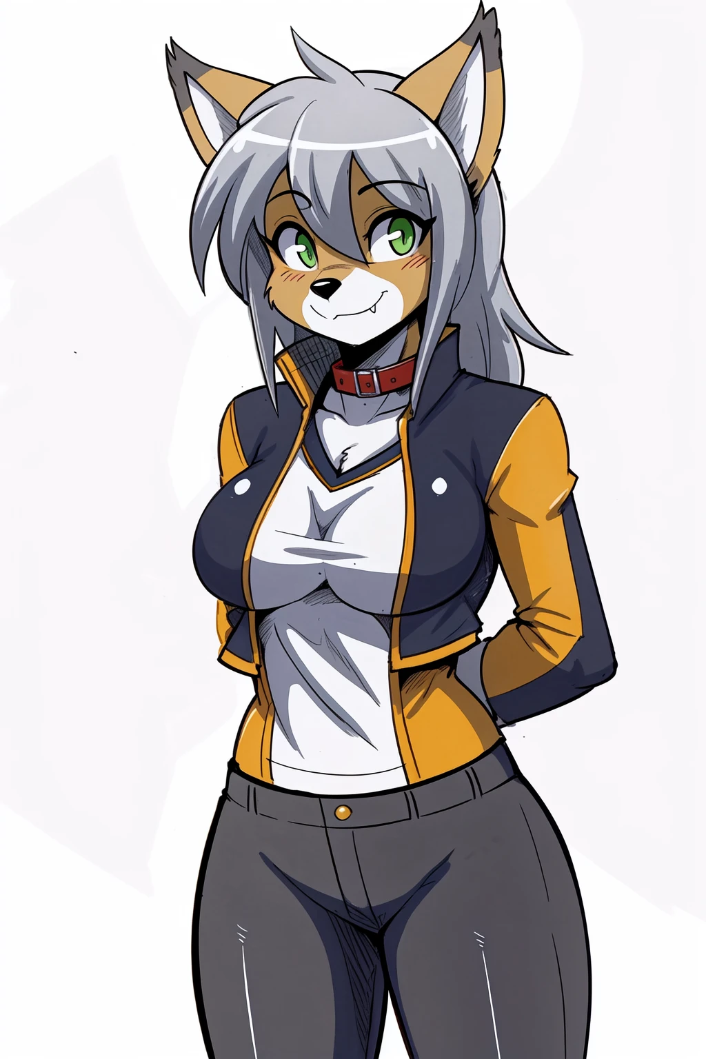 (adult, sketch-ish, 2d, absurdres, best quality, uploaded on e621), (by uc77, by zeekzag, (by sssonic2:0.7), by skidd, by john joseco, by kadath, by bigdad, by shonuff, by scappo), ((white background, no background:1.4)), (waist portrait, manga styled, manga styled eyes, intense pupils, getter robo styled eyes), ((solo, female, anthro welsh corgi), (brown body), (curly hair, medium-long hair, silver hair), (shy, nervous, shy and nervous expression, shy eyes, green eyes, expressive eyes, puppy dog eyes:1.1), (visible cute fangs, closed smile), (jacket and cute top), (((skousers pants, skirt worn over trousers, british clothing | not-so-revealing magic compressed bodysuit))), (beautiful, adorable, cute short corgi tail), (collar with green gem), [noticeable breasts], ((black eyebrows)), 4 fingers and one thumb on both hands, (hands clasped behind back:1.2)