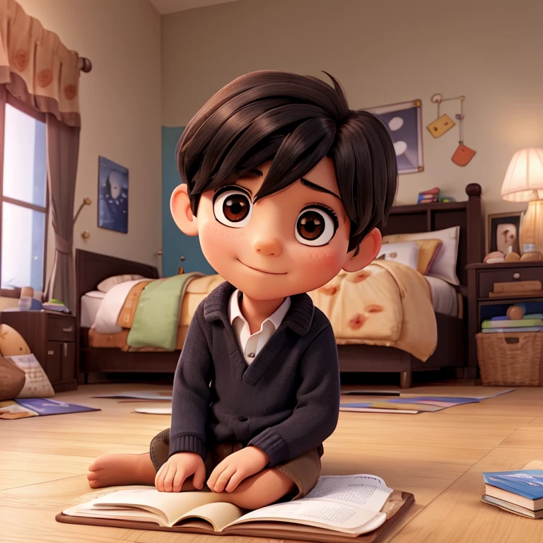 I would like a picture of a seven year old boy with dark black hair and brown eyes, sitting on the bedroom floor reading a book.