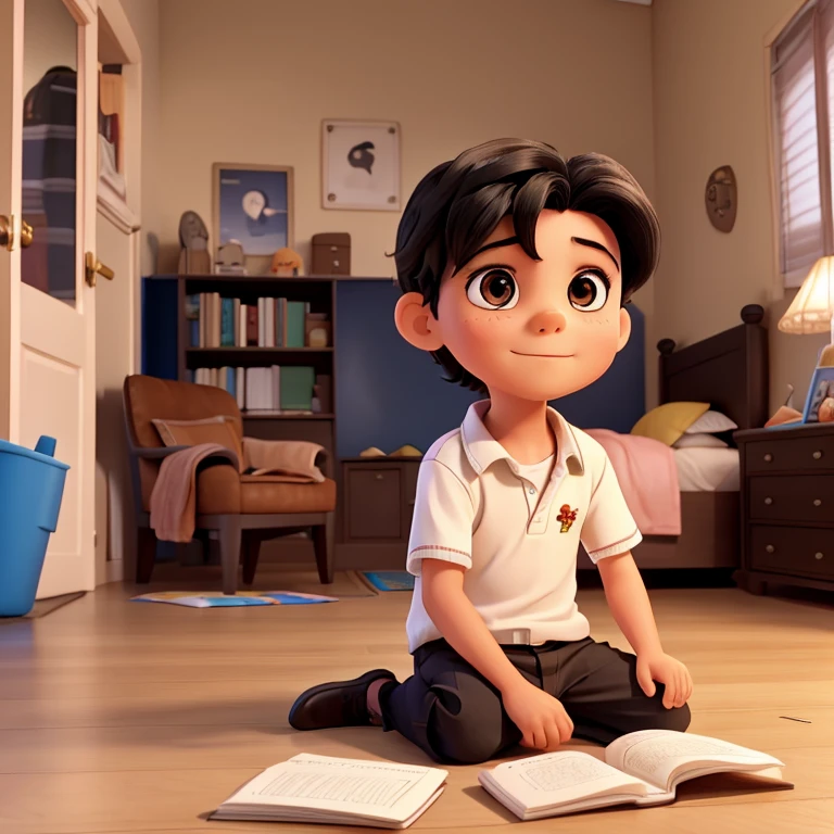 I would like a picture of a seven year old boy with dark black hair and brown eyes, sitting on the bedroom floor reading a book.