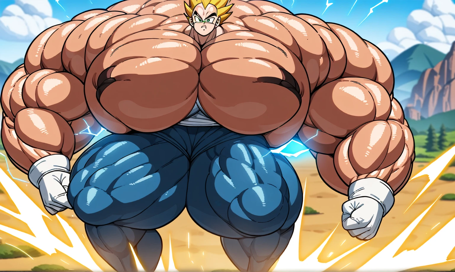 1boy, (Vegeta:1.5), from Dragon Ball Z, masterpiece, best quality, very aesthetic, absurdres, saiyan, green eyes, spiked hair, (yellow hair:1.5), shirtless, blue skintight pants, white gloves, (huge muscles:3.4), (huge arms:3.4), (huge pectorals:3.4), (huge legs:3.4), (small head:2), smilling, dragonballartstyle, in the style of Akira Toriyama, white tiled floor, outdoors, flat-top mountains, white boots with brown tips, electricity