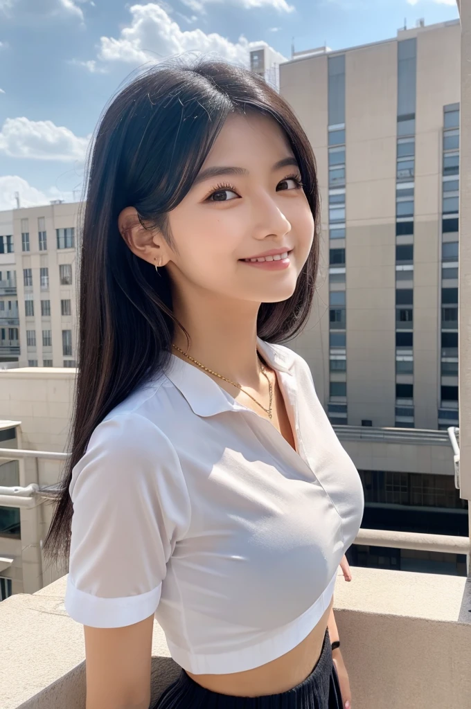 Rooftop of university building, 4th year university student, ((full body)), ((photo)), ((best qualtiy, 8K, tmasterpiece:1.3)), Focus:1.2, perfect figure beautiful girl:1.4, 1girl, cowboy shot, look at viewer, eyes facing the camera, incredibly absurd, beautiful and cute girl with a photorealistic face, showcasing top-quality craftsmanship, A Japanese girl watching the sunset on the roof of a university building, 19 years old, long, straight, silky black hair, fair skin, big eyes, thin eyebrows, double eyelids, long eyelashes, pink lips, smile, devilish smile, gorgeous features, well-defined facial features, beautiful face line, mysterious beauty, slender, tall, well-balanced proportions, large E-cup breasts, white shirt, tight black skirt, beige pumps, gold necklace and bracelet, small earrings, elegant ring, pretty girl, beauty, devilish type, pretty older sister, passionate about art, sociable, friendly, positive, has leadership skills, is proactive, is flexible, gets things done efficiently, works hard towards dreams and goals, March