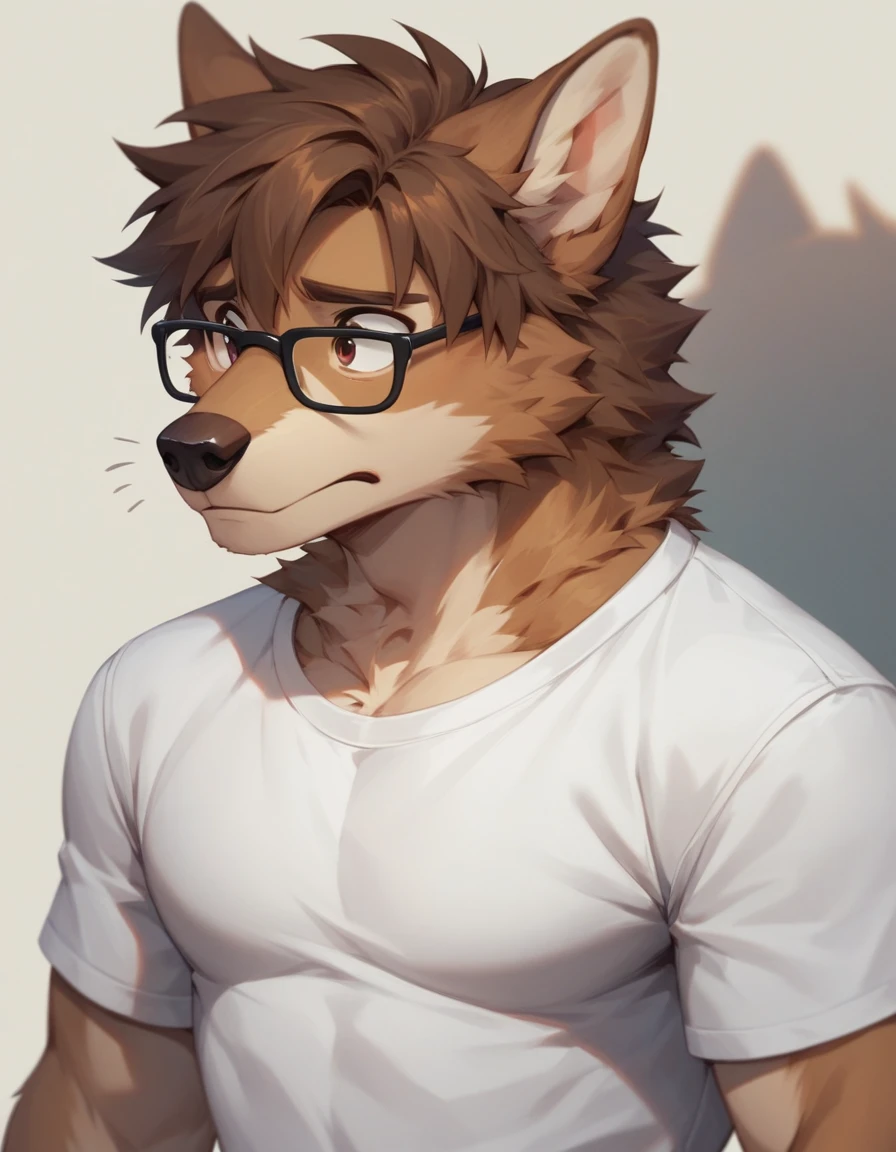 score_9,score_8_up,score_7_up, 2d art, an Anthro furry male wolf, brown eyes, brown shaggy hair, black glasses, wearing white t shirt, he looks nervous, upper body shot