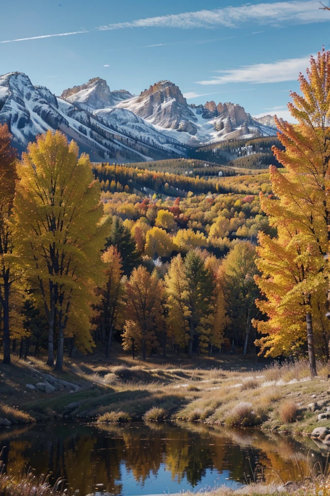 detailed autumn landscape in wyoming, detailed fall foliage, rolling hills, snow-capped mountains, clear blue skies, warm golden sunlight, serene lake reflection, vibrant orange and red trees, intricate leaf textures, realistic nature scenery, 8k, high resolution, photorealistic, masterpiece