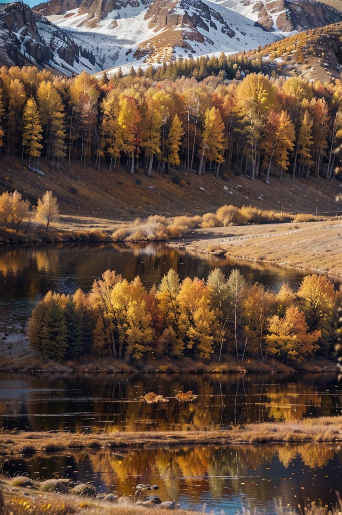 detailed autumn landscape in wyoming, detailed fall foliage, rolling hills, snow-capped mountains, clear blue skies, warm golden sunlight, serene lake reflection, vibrant orange and red trees, intricate leaf textures, realistic nature scenery, 8k, high resolution, photorealistic, masterpiece