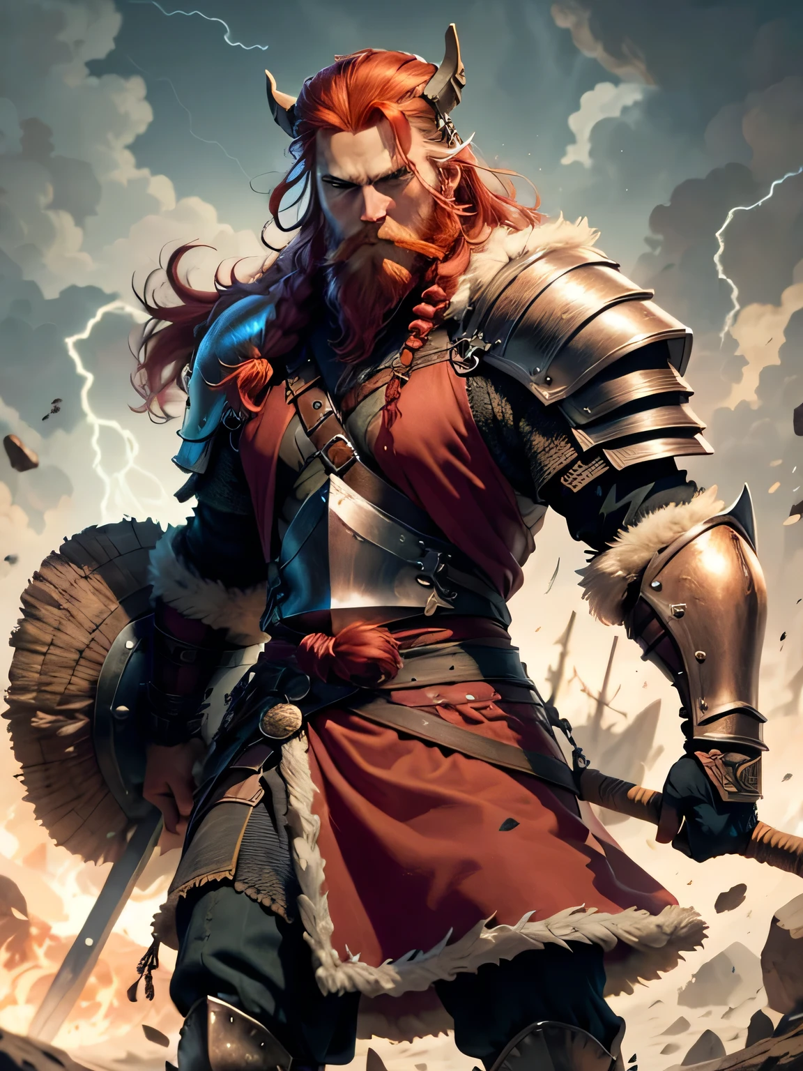 create a red-haired, animal skin-wearing, fierce Viking, ::braids, long beard, fur armor, thunder, full armor, axe