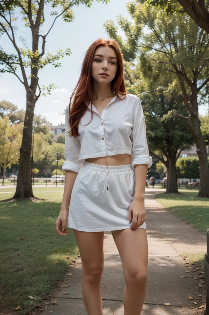 woman, realistic, young, red hair, full body, model, possing, detailed face, realistic background, preety face, ambar light eyes, wgz style, wgz style picture in a park, facing away from camera