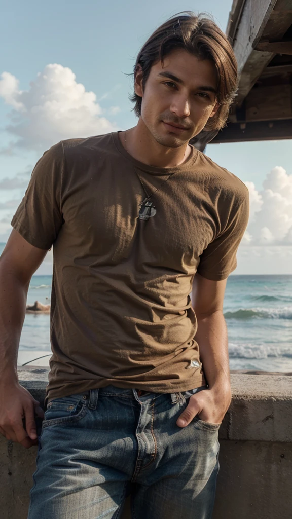perfect italian man, wearing brown t-shirt and beige jeans, posing, smirk, view on the Hawaii, long distance shot, short hairstyles light hairin on the Hawaii on character's face