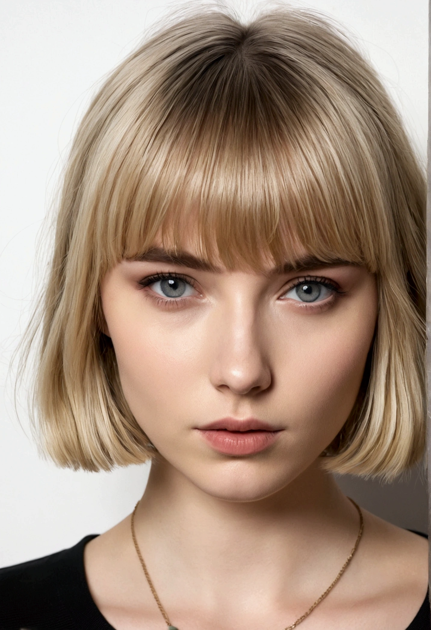 Girl with short blonde hair and bangs and grey eyes. She is wearing a black top. view from front