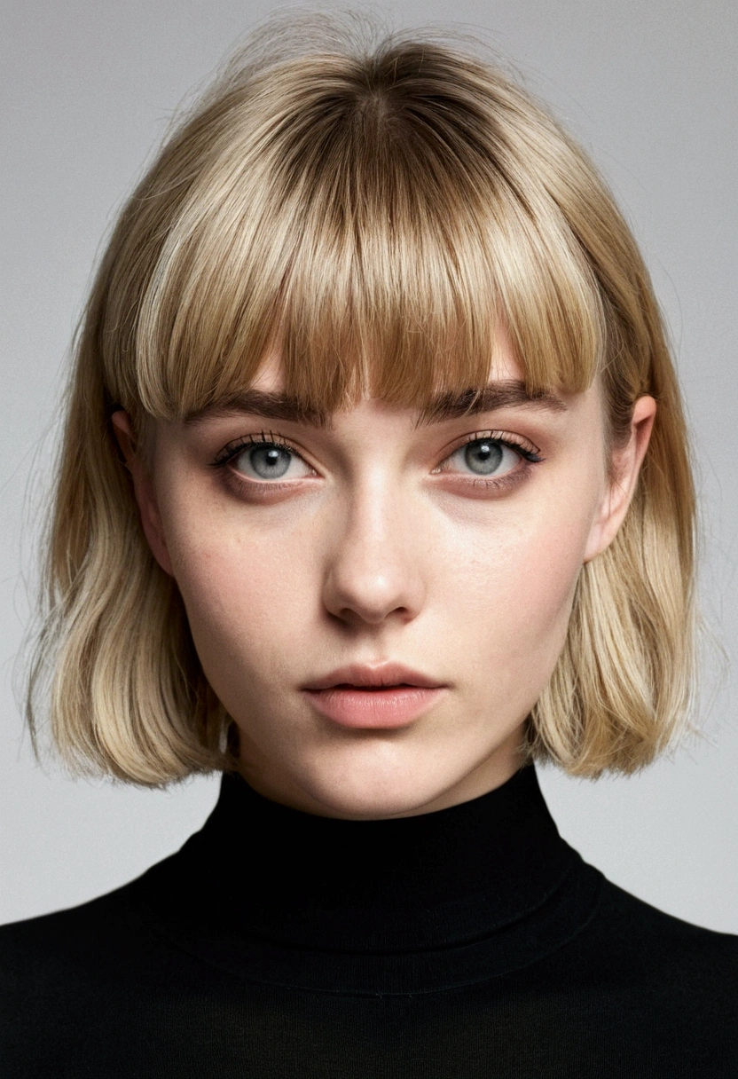 Girl with short blonde hair and bangs and grey eyes. She is wearing a black top. view from front