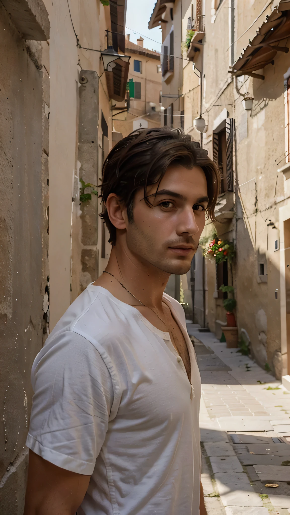 perfect italian man, short hairstyles light hairin an Italian village focus on character's face