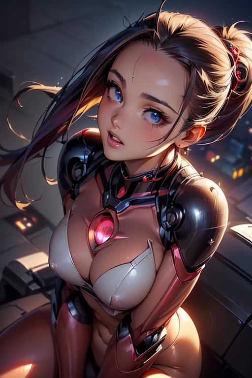 #Basics A girl is posing for a photo, animeのかわいい女の子, (((One Girl, Baby Face, Young girl, 16 years old))), 
BREAK 

#Clothing Accessories 
((機械式cyborgボディスーツ:1.4) : (Red plug suit:1.4) + Gauntlet, Robot Girl:1.4, cyborg, Mechanic), 
Red gemstone earrings,  
BREAK 

#Features 
((Light purple hair)), ((Bangs that expose the forehead:1.5) + (I can see a beautiful forehead:1.5)), (ponytail : Short Hair + Fuller Hair + Hair blowing in the wind),  
(Droopy eyes, blue eyes), (Small breasts), 
BREAK 

#background environment 
(night、(sf, future worldview, 未来の都市のnight景, Crescent Moon)), 
# Expression Pose 
((smile + Teeth are visible + Laughing with open mouth), (Sitting on the roof of a building, It feels like I'm turning around)), 
#composition 
((Face the camera, Side angle, Cowboy Shot)),  
BREAK 

#Body parts elements 
(Detailed hair, Beautiful Hair, Shiny Hair), 
(double eyelid, Long eyelashes), 
(Expression of fine eyes, Beautiful and delicate eyes, Sparkling eyes, Eye Reflexes, Glitter Eyeliner), 
(Human Ear), 
(Beautiful Nose, Thin Nose), 
(Glossy lips, Beautiful Lips, Thick lips, Glossy Lips, Natural Cheeks), 
(Detailed face, Symmetrical  features), 
(Detailed skin, Textured skin, Beautiful Skin, Shiny skin), 
BREAK 

#Quality 
(((Highest quality)), ((masterpiece)), ((Very detailed))), ((High resolution), (16K,1080P)), 
(Realistic), (Anatomically correct), 
((comics, anime)), (3DCG), CG illustration,
