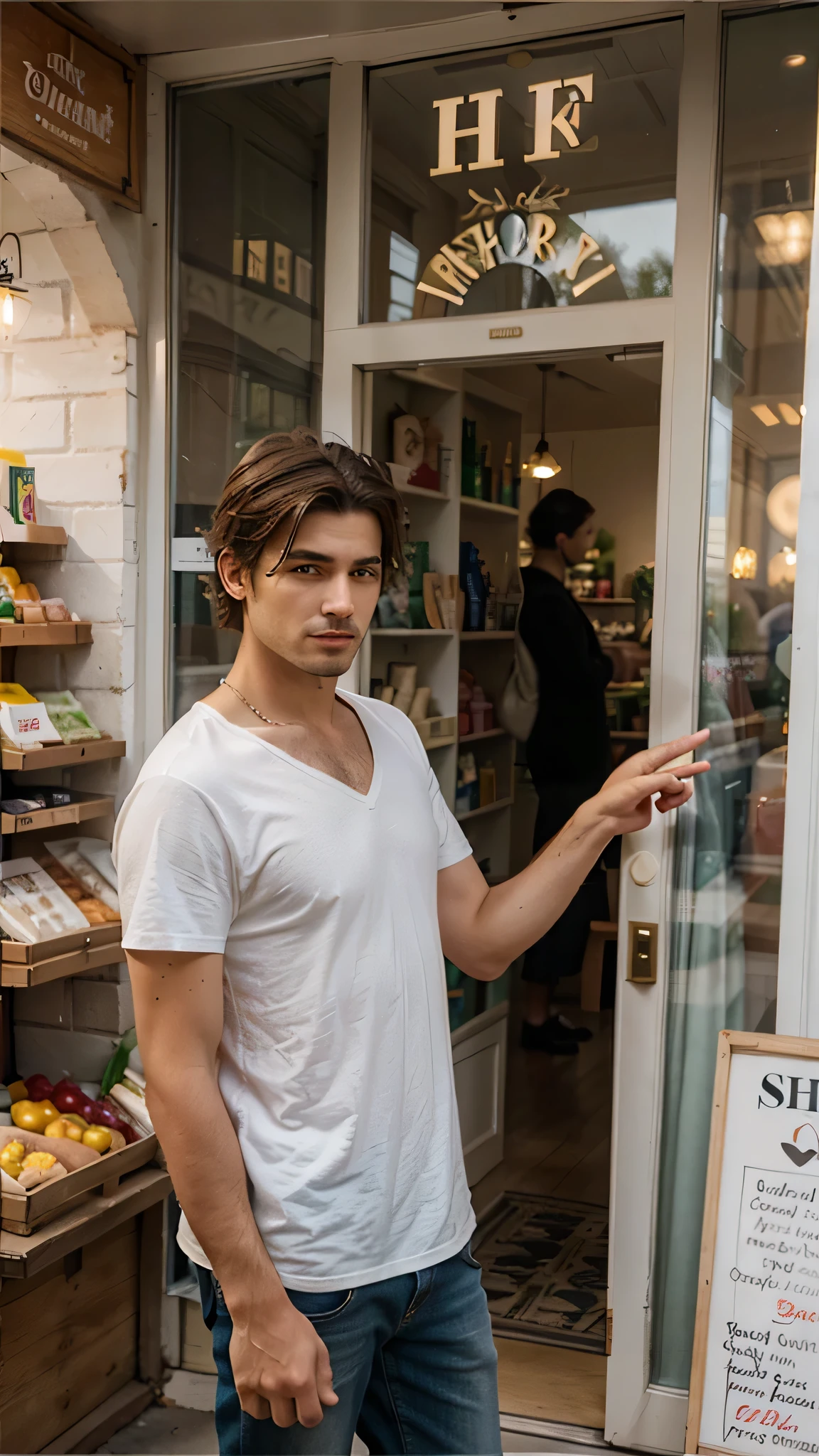perfect italian man, wearing, shopping, view in the shop, short hairstyles light hairin an shop focus on character's face