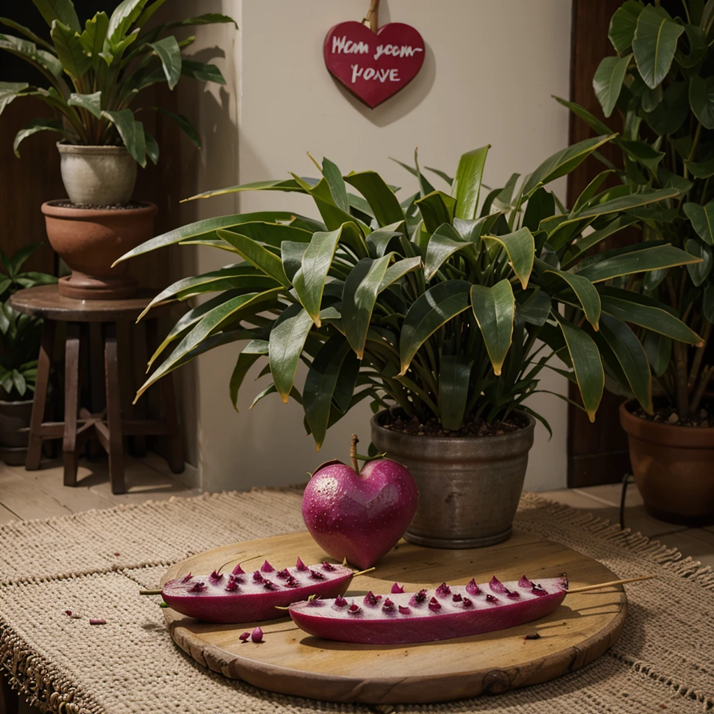 Drawing of dragon fruit plants on a stake, And the fruit that is heart-shaped
