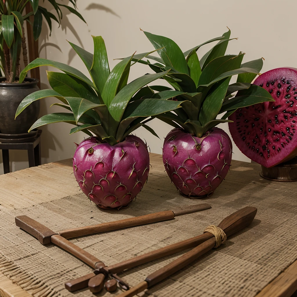 Drawing of dragon fruit plants on a stake, And the fruit that is heart-shaped
