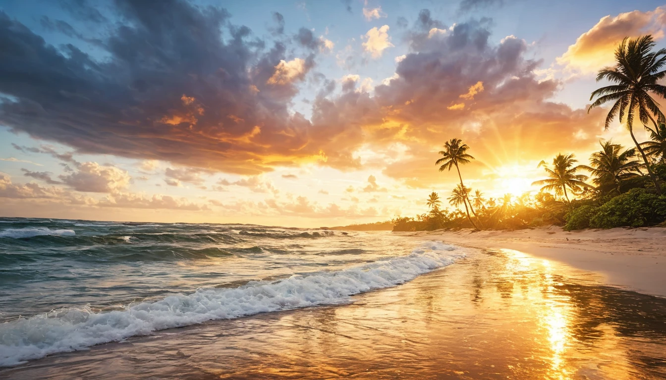 a beautiful serene deserted beach, stunning vibrant sunset, golden hour, dramatic clouds, crashing waves, wet sand, palm trees, tropical foliage, (best quality,4k,8k,highres,masterpiece:1.2),ultra-detailed,(realistic,photorealistic,photo-realistic:1.37),dramatic lighting,cinematic composition,warm color palette,glowing sun rays,tranquil atmosphere