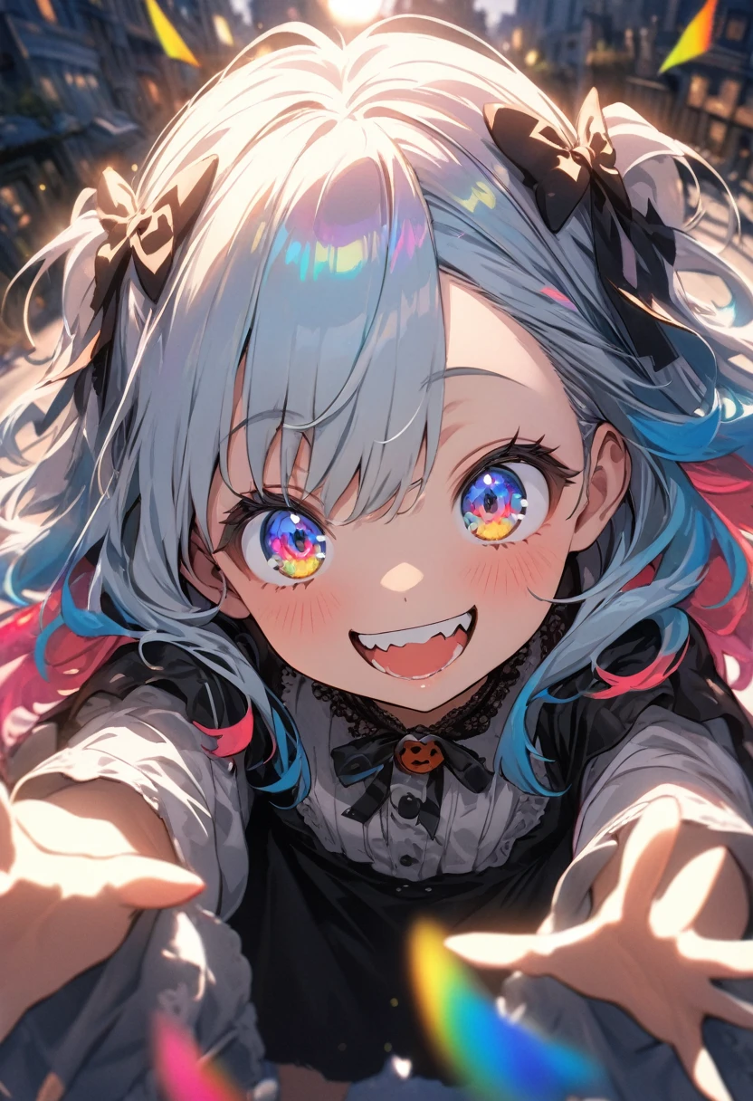 ((Masterpiece)), ((best quality)), (super detail:1.2),(High Definition:1.3), (Professional Photography:1.2), (very aesthetic:1.2), (absurdres:1.2), (fisheye), cinematic lighting, (sharp focus), (perfect light), ((12 years old)), cute young Girl, fluffy hair, colorful hair, long hair, big eyes, (long eyelashes), ((baggy eyes)), colorful eyes, round eyes, (naughty smile), open mouth, jagged teeth, joy, pop, cute, Colorful, (happy pose), (colorful:1.3), gothic makeup, ((obscurity atmosphere)), (on the Midsummer Cafe Terrace),