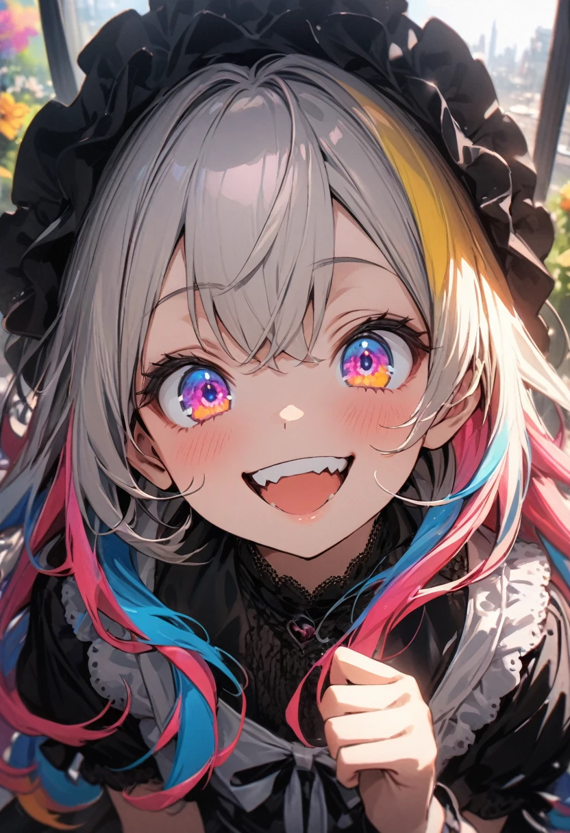 ((Masterpiece)), ((best quality)), (super detail:1.2),(High Definition:1.3), (Professional Photography:1.2), (very aesthetic:1.2), (absurdres:1.2), (fisheye), cinematic lighting, (sharp focus), (perfect light), ((12 years old)), cute young Girl, fluffy hair, colorful hair, long hair, big eyes, (long eyelashes), ((baggy eyes)), colorful eyes, round eyes, (naughty smile), open mouth, jagged teeth, joy, pop, cute, Colorful, (happy pose), (colorful:1.3), gothic makeup, ((obscurity atmosphere)), (on the Midsummer Cafe Terrace),
