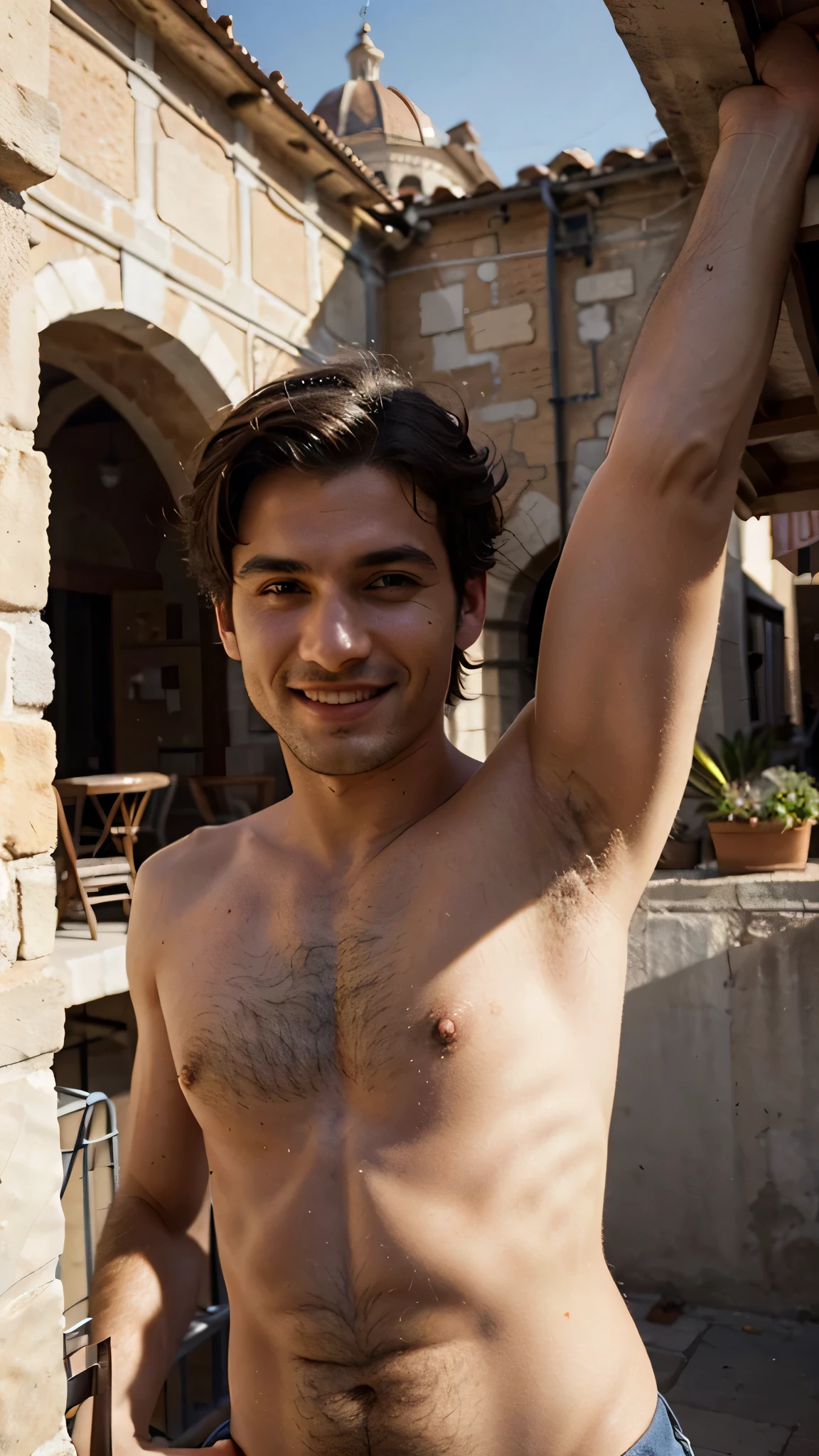 perfect italian man, wearing, posing, smile, view on the architecture, short hairstyles light hairin on the architecture on character's face
