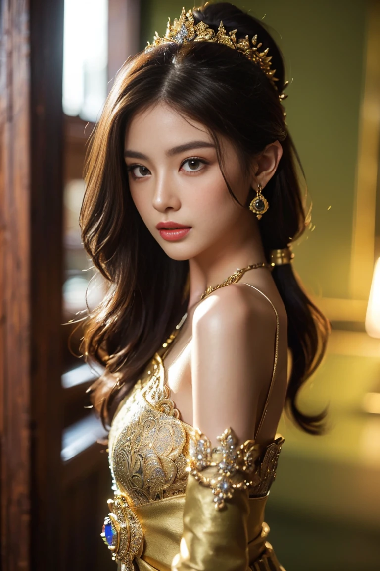 ((dynamic pose,half body shot:1.4))(Photorealistic:1.5),((Detailed beautiful face, detailed beautiful wide eyes, 8K olive green pupil:1.3)),((masterpiece,ultra high quality, ultra high resolution:1.2)),((realistic skin, very detailed details:1.2)),(unity 16K wallpaper:1.1),(HD quality,HDR),((The style of a surrealist painter, a masterpiece of ultra-realistic portraits, an epic work of a photography expert)),((nikon d750 f/1.4 55mm)),((dynamic angle,professional lighting, physically-based rendering)),((Bright colors)),
(Beautiful and Realistic thai girl),(Sexy and attractive face, perfectly proportioned body),((small breasts)),((light brown hair,long wavy hair,front ponytail)),((Venus of the East)),
((Thai princess:1.3)),(Gorgeous thai costumes with intricate details,Gorgeous dress,Gorgeous gold ornaments, intricate details,ornate jewelry accessories,Gorgeous fringe, intricate details,Various gemstones:1.2),((thai buddhist temple))