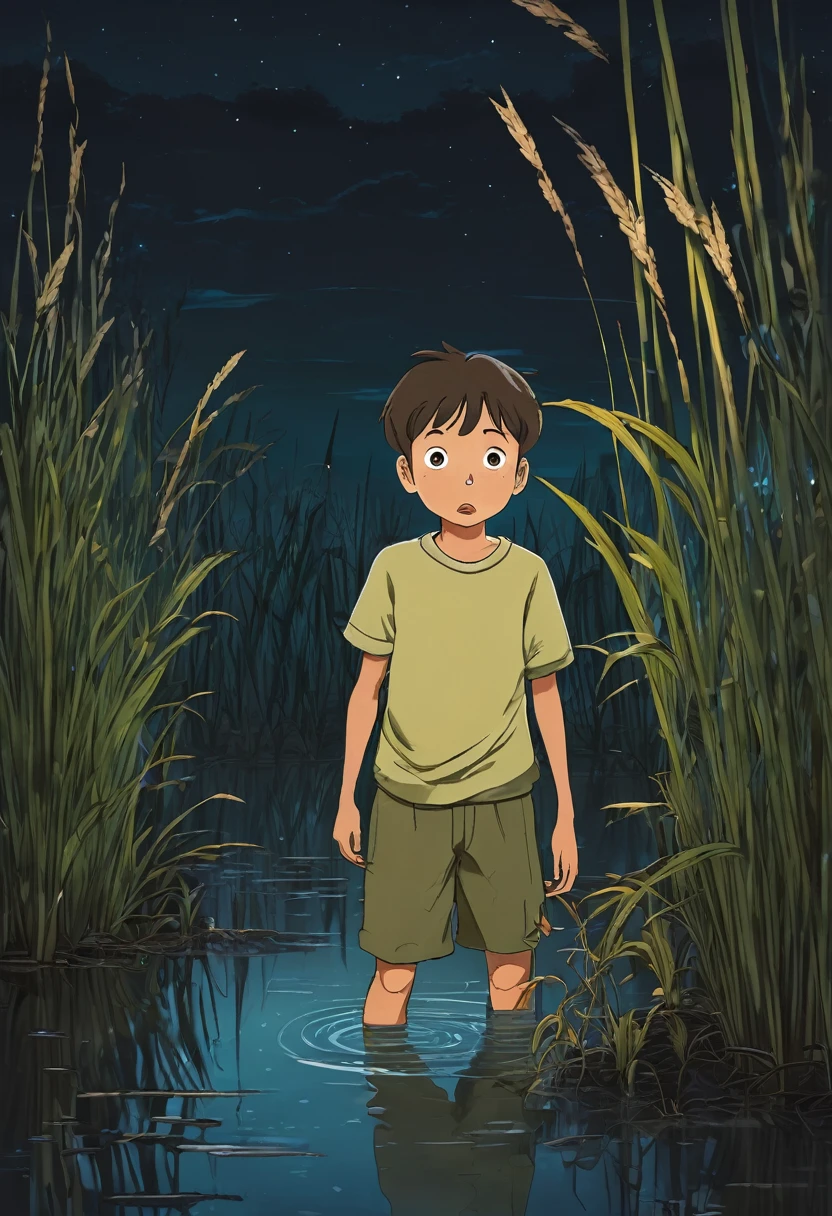 A boy hiding and scared in the reed vegetation in a swamp at night 