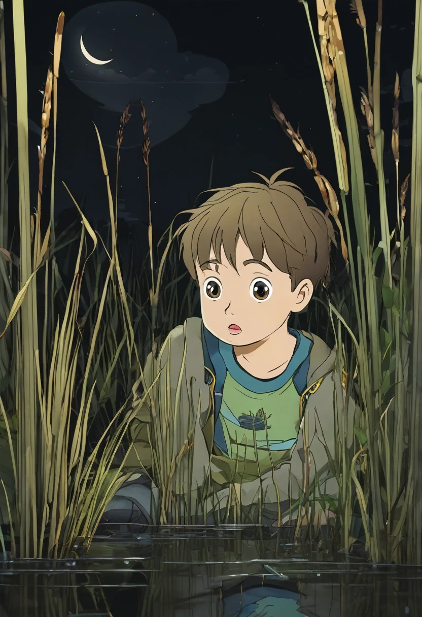 A boy hiding and scared in the reed vegetation in a swamp at night