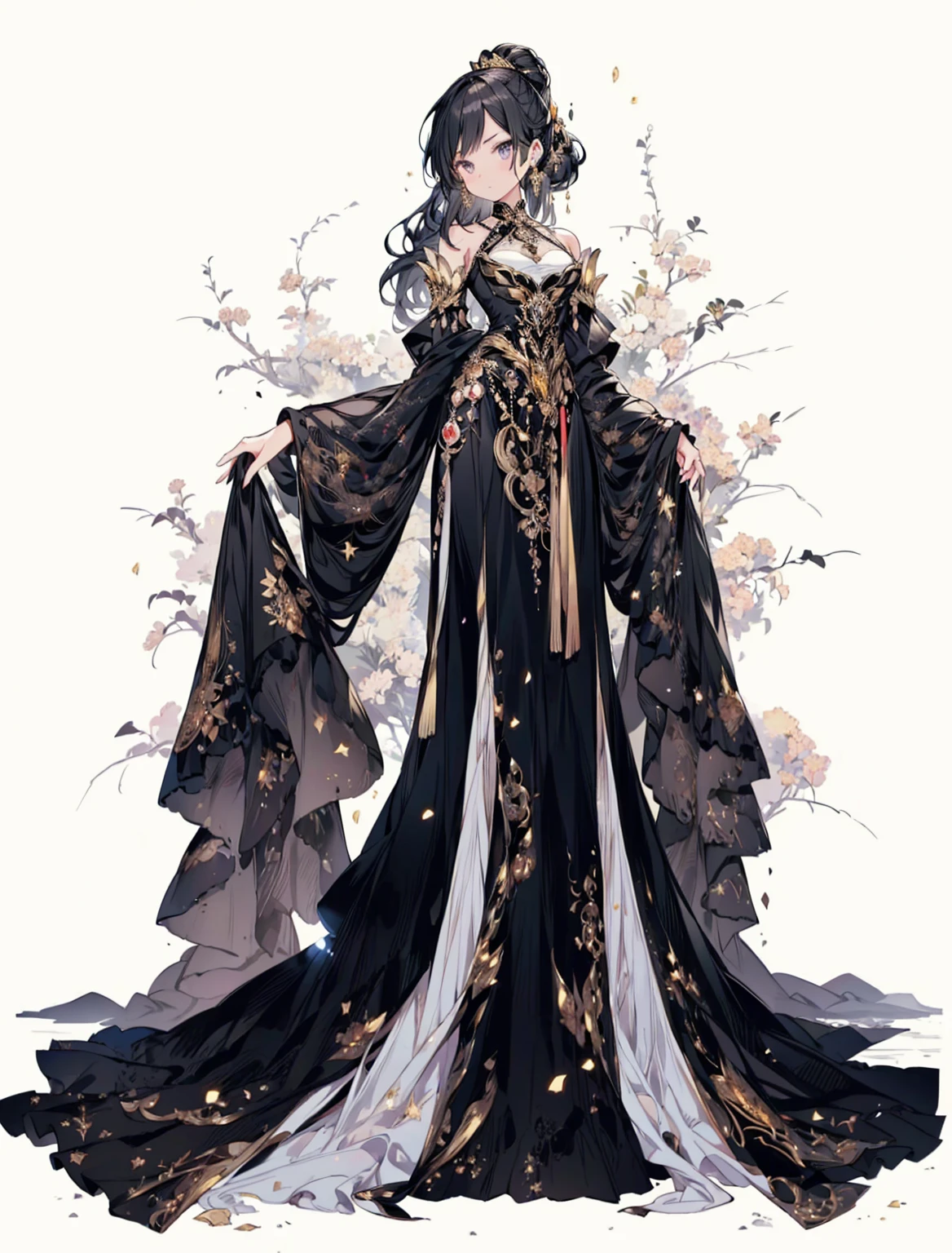 Ultra-realistic photo of a girl in a majestic black and gold black ball gown dress,Big beautiful dress, ((sailormoon)), Complex puffy ball gown with lots of frills and rhinestones (Best Quality, masutepiece, art stations, Fantasy Art:1.2), Palace rooms, Beautiful cute girl, (long white hair:1.1), (Complex short gold skirt, Bare legs:1.2, Full body shot)