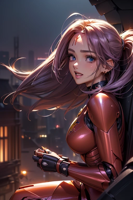#Basics A girl is posing for a photo, animeのかわいい女の子, (((One Girl, Baby Face, Young girl, 16 years old))), 
BREAK 

#Clothing Accessories 
((機械式cyborgボディスーツ:1.4) : (Red plug suit:1.4) + Gauntlet, Robot Girl:1.4, cyborg, Mechanic), 
Red gemstone earrings,  
BREAK 

#Features 
((Light purple hair)), ((Bangs that expose the forehead:1.3) + (I can see a beautiful forehead:1.3)), (ponytail : Short Hair + Fuller Hair + Hair blowing in the wind),  
(Droopy eyes, blue eyes), (Small breasts), 
BREAK 

#background environment 
(night、(sf, future worldview, 未来の都市のnight景, Crescent Moon)), 
#Facial Expression Pose 
((smile + Teeth are visible + Laughing with open mouth), (Sitting on the roof of a building, It feels like I&#39;m turning around)), 
#composition 
((Face the camera, Side angle, Cowboy Shot)),  
BREAK 

#Body parts elements 
(Detailed hair, Beautiful Hair, Shiny Hair), 
(double eyelid, Long eyelashes), 
(Expression of fine eyes, Beautiful and delicate eyes, Sparkling eyes, Eye Reflexes, Glitter Eyeliner), 
(Human Ear), 
(Beautiful Nose, Thin Nose), 
(Glossy lips, Beautiful Lips, Thick lips, Glossy Lips, Natural Cheeks), 
(Detailed face, Symmetrical facial features), 
(Detailed skin, Textured skin, Beautiful Skin, Shiny skin), 
BREAK 

#Quality 
(((Highest quality)), ((masterpiece)), ((Very detailed))), ((High resolution), (16K,1080P)), 
(Realistic), (Anatomically correct), 
((comics, anime)), (3DCG), CG illustration,
