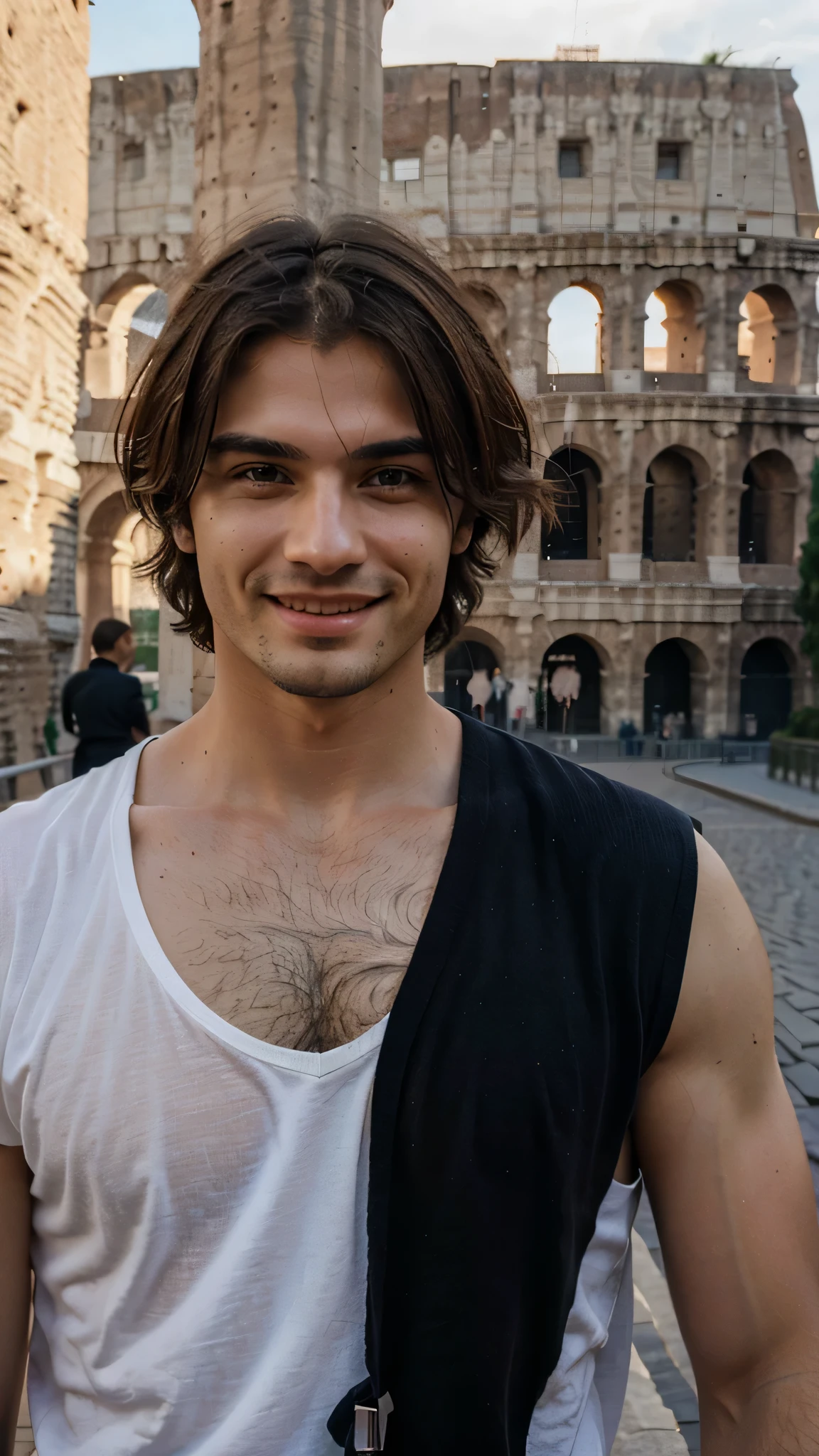 perfect italian man, wearing, posing, smile, view on the Colosseum, long distance shot, short hairstyles light hairin on the Colosseum on character's face