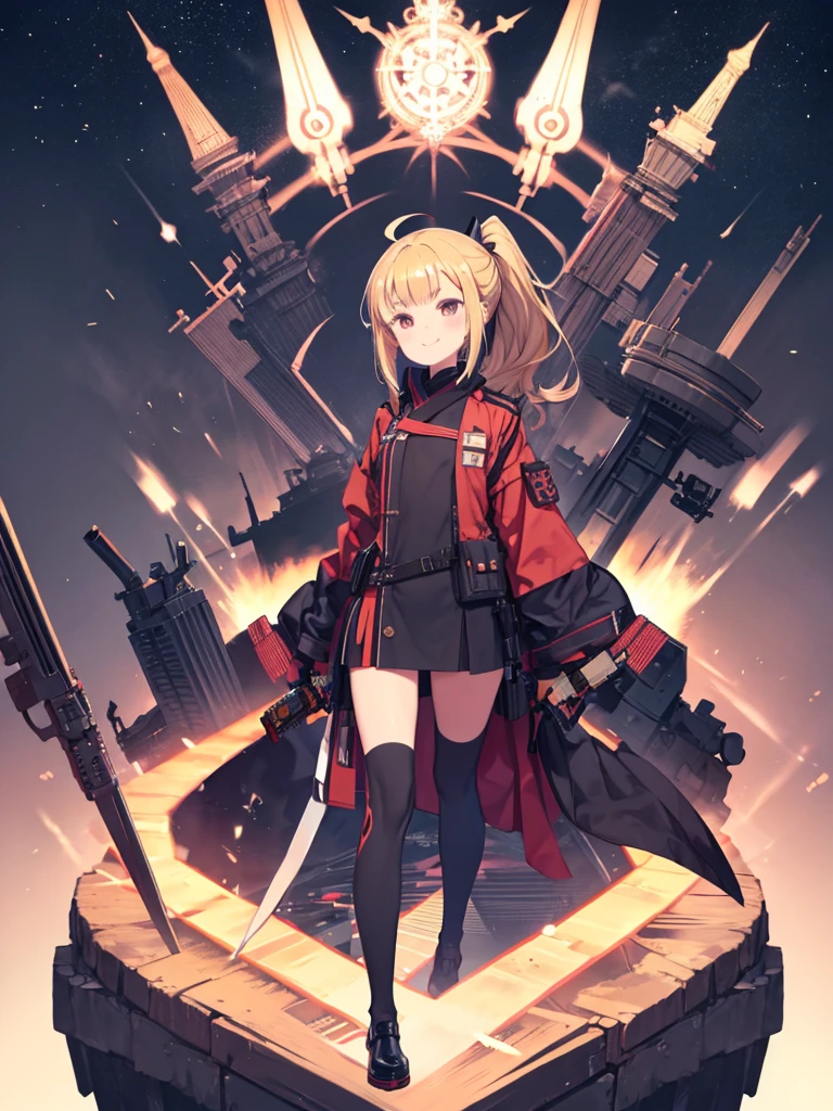 Future World,人工知能のperfectionな例,5143 and later, 8K, Very detailed , perfection，Ultra detailed face，16-year-old girl，eight-headed body，Blonde ponytail、Ahoge、Big round red eyes、，Bit Girl，Futuristic Background，During night combat，smile，Dress Type，wear a khaki military jacket,Japan representative jacket、With flag patch、matrix、blade