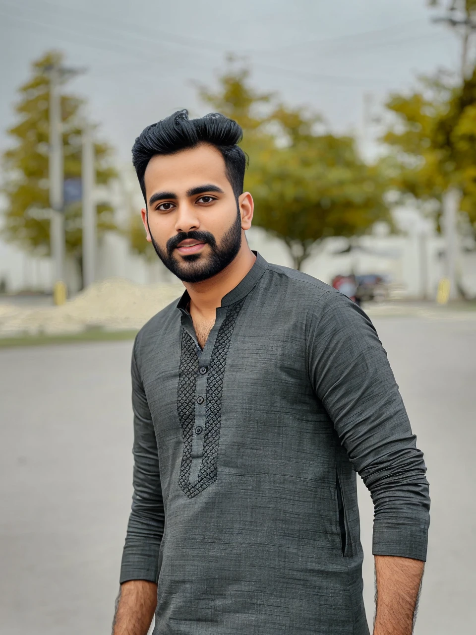 25 year young Pakistani man ultra realistic portrait wearing black formal suit , Apple laptop on table , home background , look at front camera — v 4 ultra HD 8k