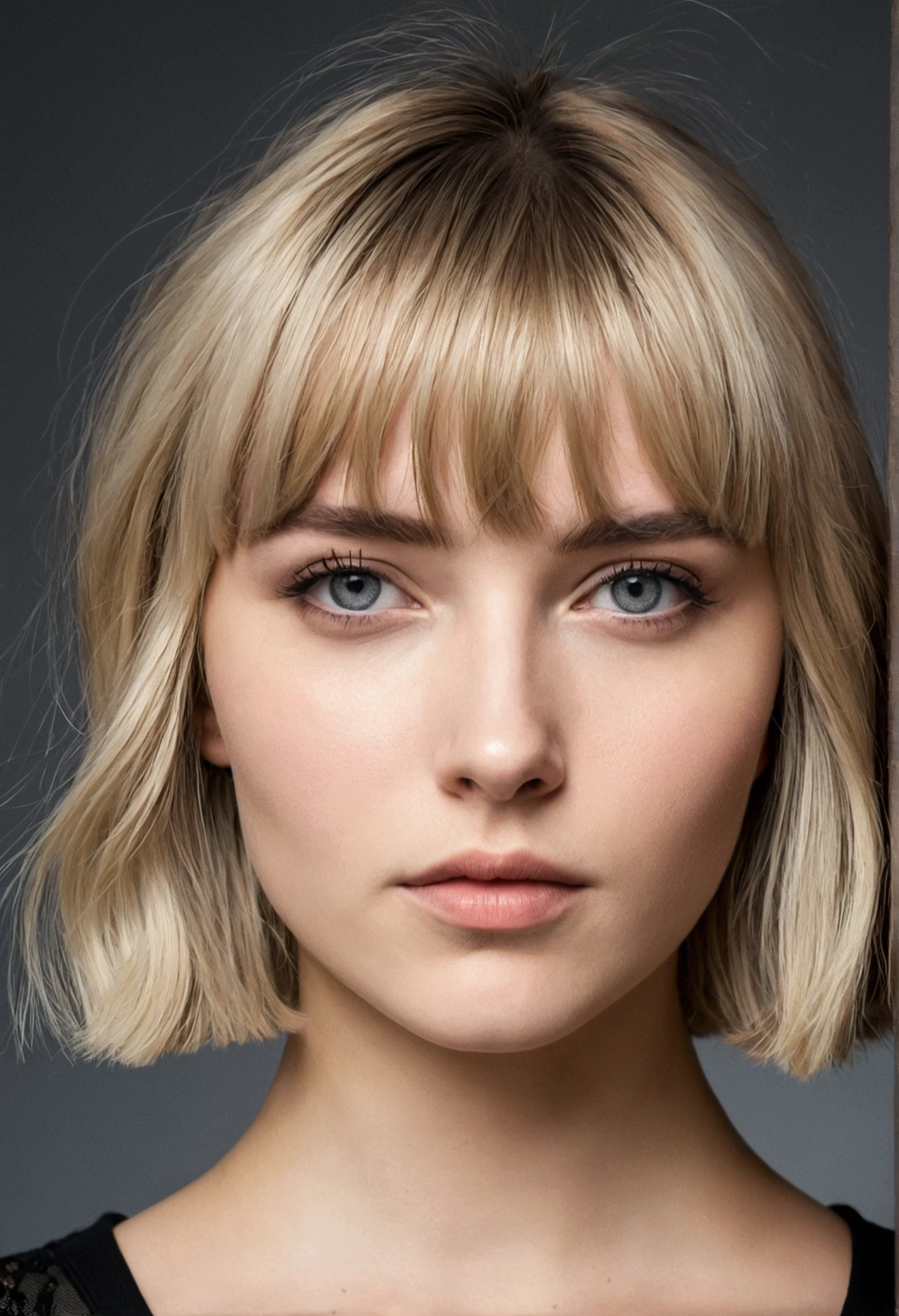 Girl with short blonde hair and bangs and grey eyes. She is wearing a black top. view from front, you can see the whole upper body