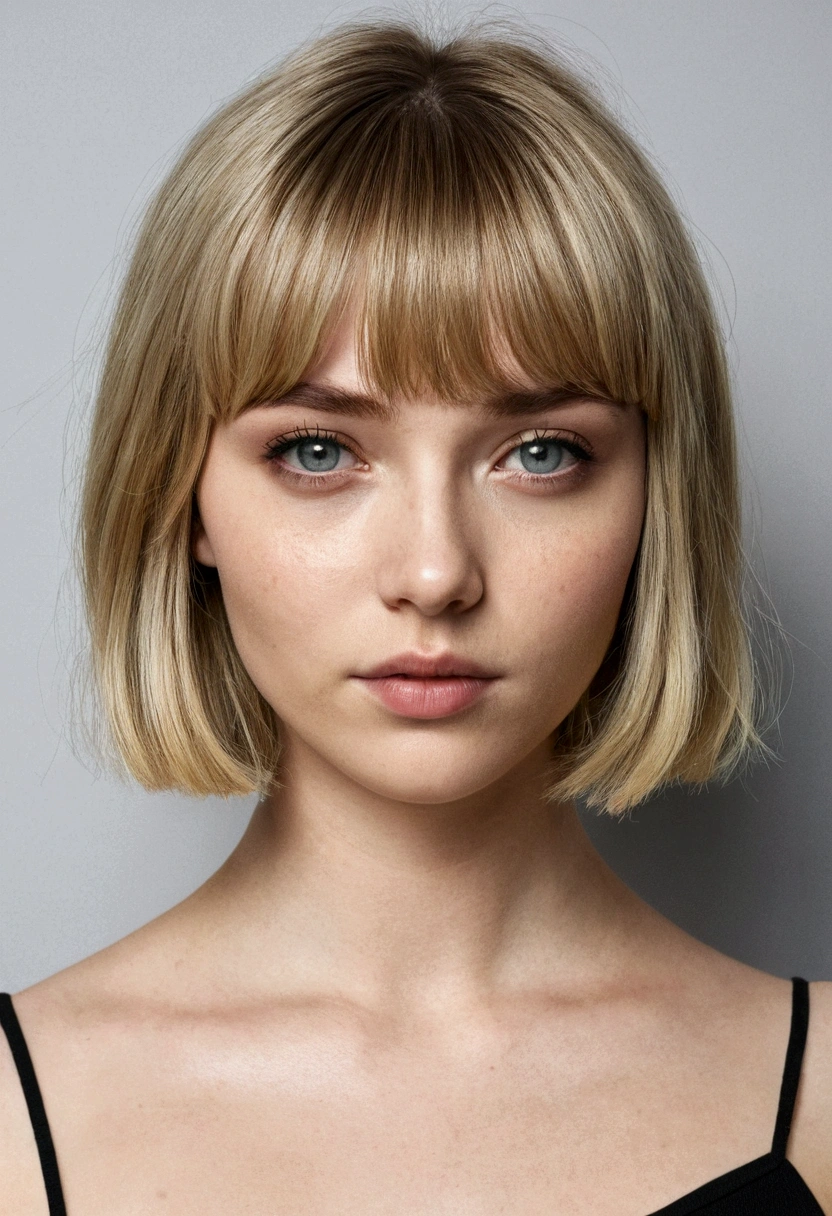 Girl with short blonde hair and bangs and grey eyes. She is wearing a black top. view from front, you can see the whole upper body