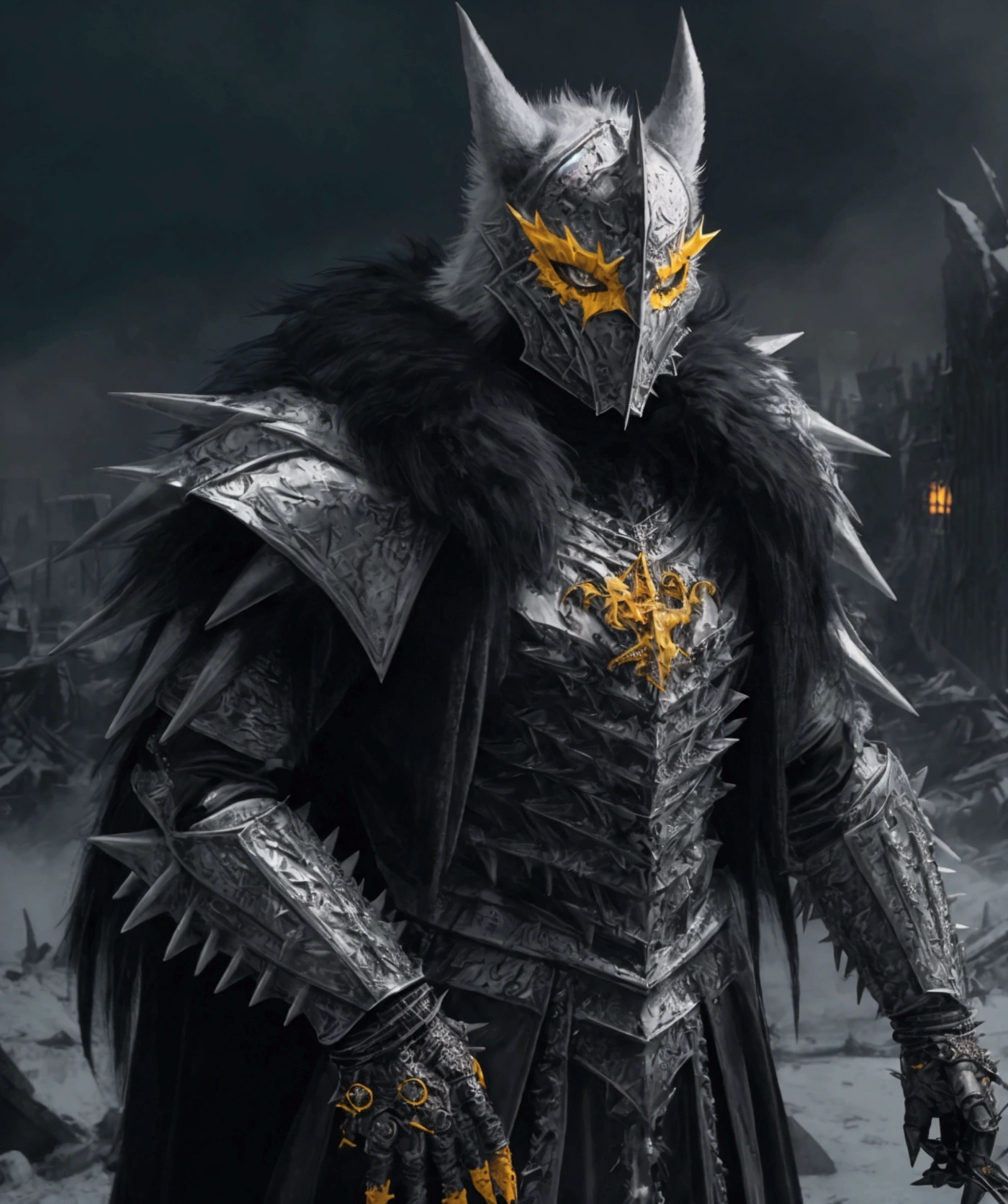 (extremely detailed 8k wallpaper), a medium shot photo of Grim dressed as a scary masked silver and yellow furry-supervillain in a sliver and yellow spiked armour made of fur glowing armour with spikes from marvel, theme, intricate, high detail, dramatic, furry monster and destroyed buildings in the background