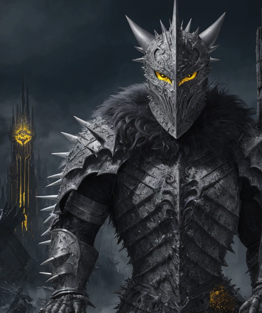 (extremely detailed 8k wallpaper), a medium shot photo of  Grim dressed as a scary masked silver and yellow furry-supervillain in a sliver and yellow spiked armour made of fur glowing armour with spikes from marvel, theme, intricate, high detail, dramatic, furry monster and destroyed buildings in the background