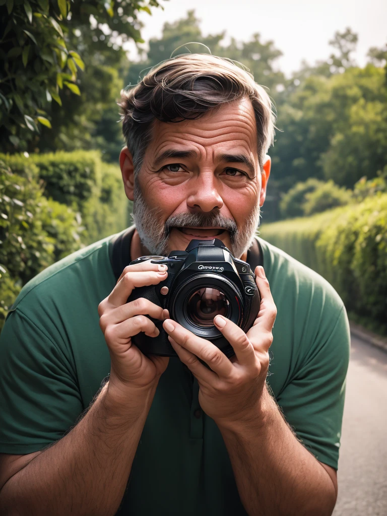 a 40yo photographer, funny portrait, 1man, funny portrait holding his camera