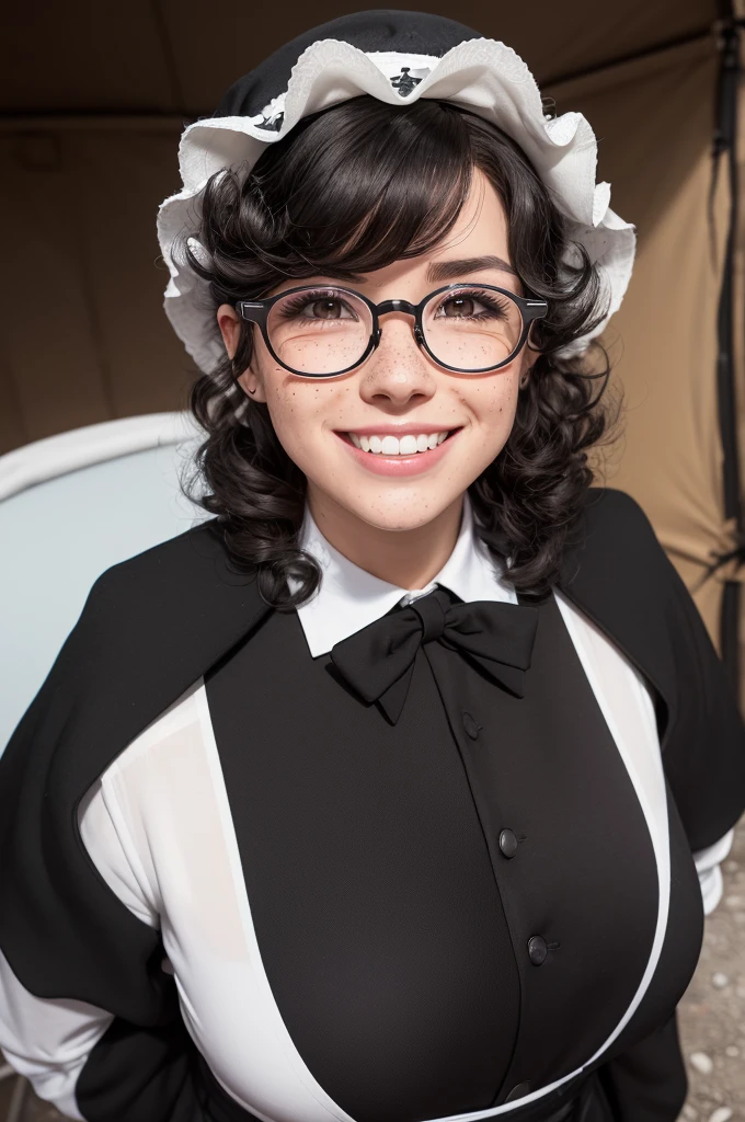 Appearance:(curly hair,freckles on the cheeks and nose,white canine teeth,Brown eyes,nose of "potato".)
vestimentas:(black round glasses, black pants with a white stripe on the side, black coat with a white star detail,bonnet, black gloves.)
Loca:(Campsite)
