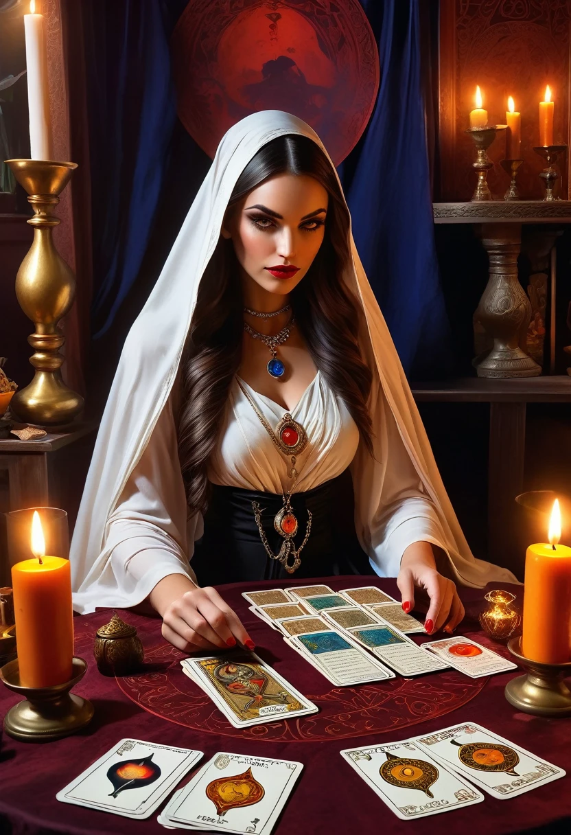 A beautiful and mysterious fortune teller,In a compact and fun environment. Fortune teller wearing a cape, delicate facial features. The scene is dimly lit, Create an atmosphere of uncertainty and expectation. Fortune teller sitting at a table, Decorated with tarot cards, crystal ball, and a tarot deck. The table is surrounded by candles, Add a mysterious atmosphere. The lights in the room were dim, Cast captivating shadows,Improve the mysterious atmosphere. A fortune teller holding a tarot card, Obtain information about the future by observing its signs. The overall artwork should be of the highest quality, The resolution is 4K or 8K. The level of detail must be extremely detailed and realistic, Almost photorealism. The art style should reflect the official aesthetic, bright colors,strong contrast. The color tone should enhance the mysterious and eerie theme of the artwork. The fortune teller's cover is decorated with intricate patterns, metal frame with a thickness ratio of 1.5. Also, a pink decorative border should be incorporated into the composition. The scene should have a magical atmosphere, like a night sky full of stars. The fortune teller's expression should convey a sense of mystery and curiosity.