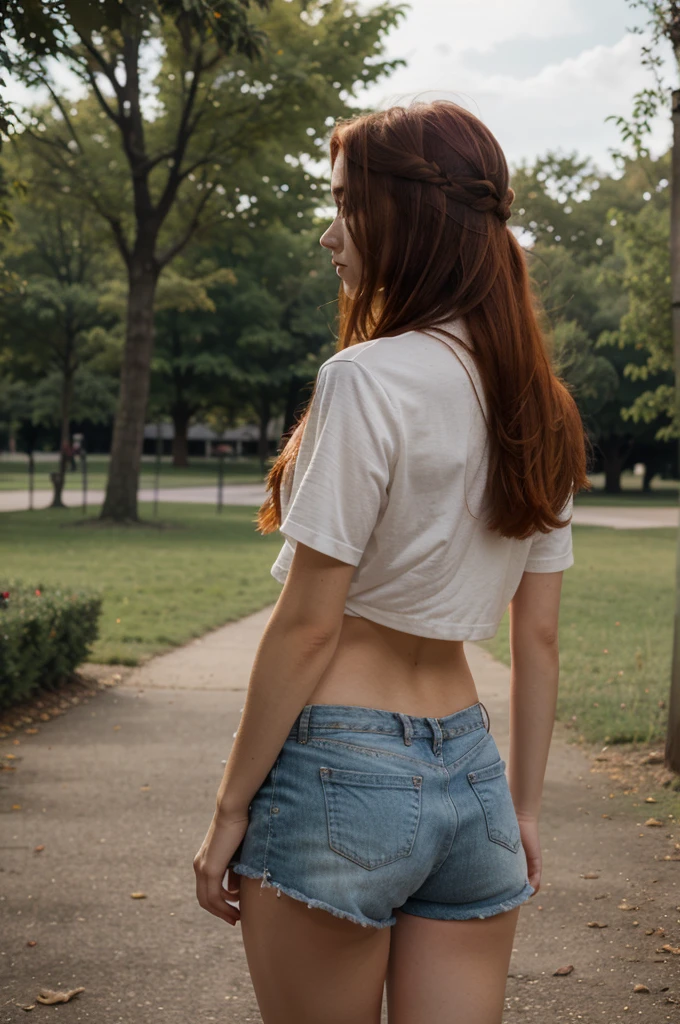 wgz style, wgz style picture, facing away from camera
woman, realistic, young, red hair, full body, model, possing, detailed face, realistic background, preety face, ambar light eyes, in a park