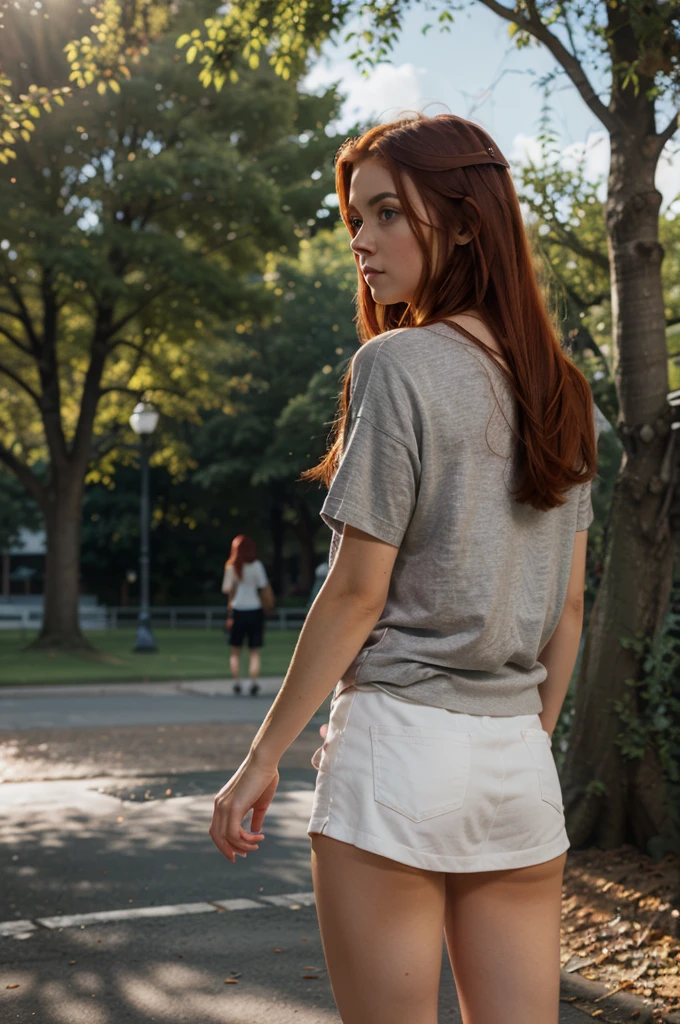 wgz style, wgz style picture, facing away from camera
 woman, realistic, young, red hair, full body, model, possing, detailed face, realistic background, preety face, ambar light eyes, in a park